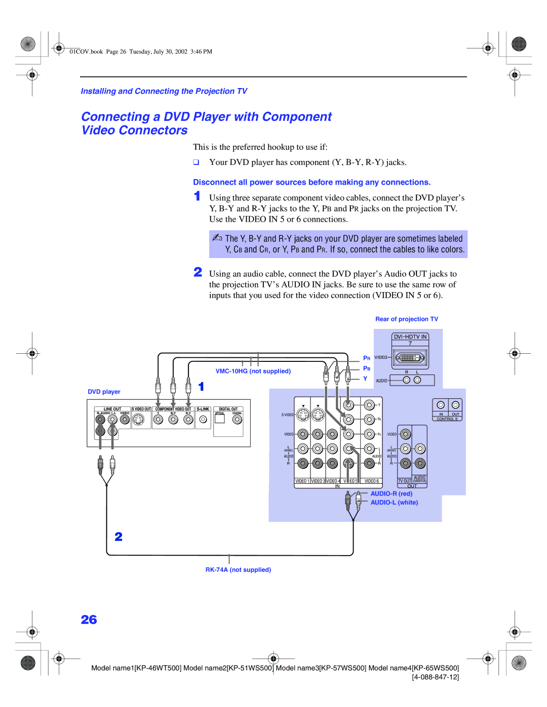 Sony KP 46WT500 manual Connecting a DVD Player with Component Video Connectors 