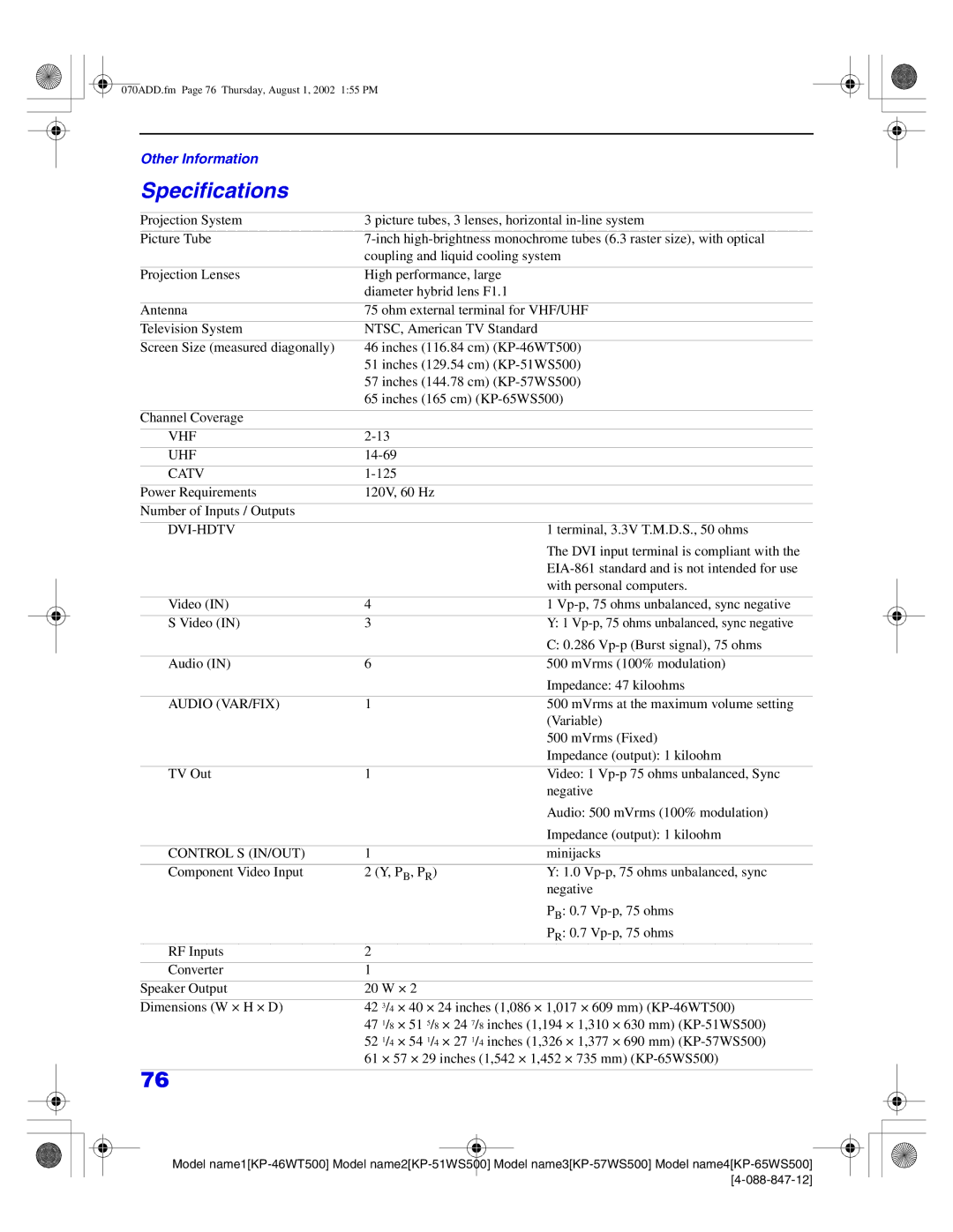 Sony KP 46WT500 manual Specifications 