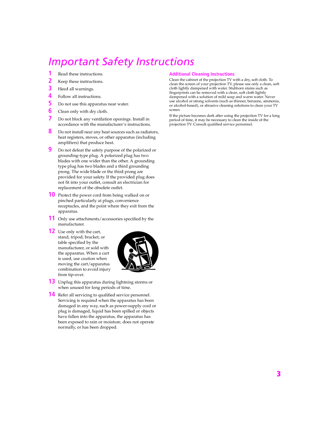 Sony KP-57WS520, KP-46WT520, KP-51WS520 manual Important Safety Instructions 