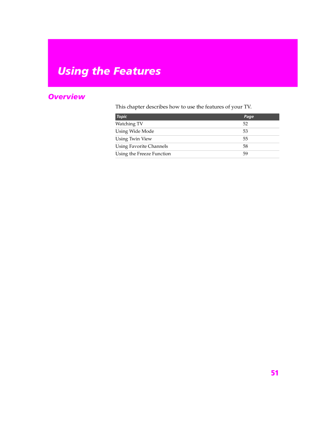 Sony KP-57WS520, KP-46WT520, KP-51WS520 manual Using the Features, This chapter describes how to use the features of your TV 