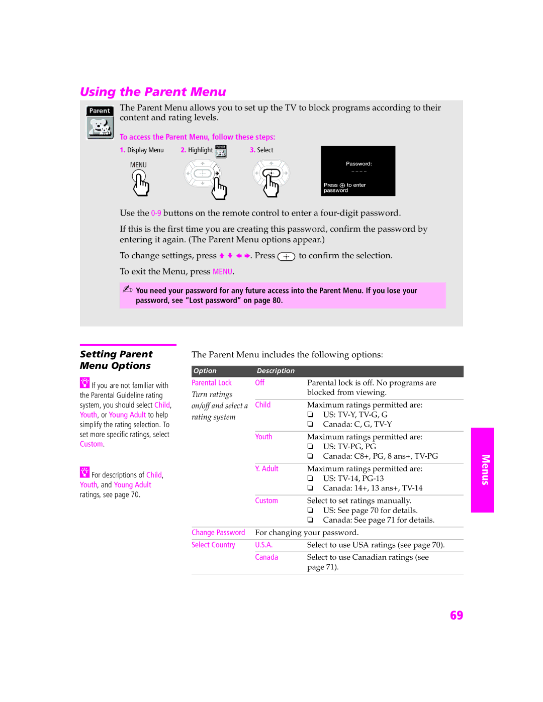 Sony KP-57WS520, KP-46WT520 Using the Parent Menu, Setting Parent Menu Options, Parent Menu includes the following options 