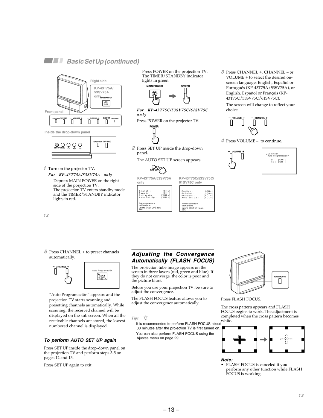 Sony KP-43T75A, KP-53SV75A service manual Adjusting the Convergence Automatically Flash Focus, To perform Auto SET UP again 