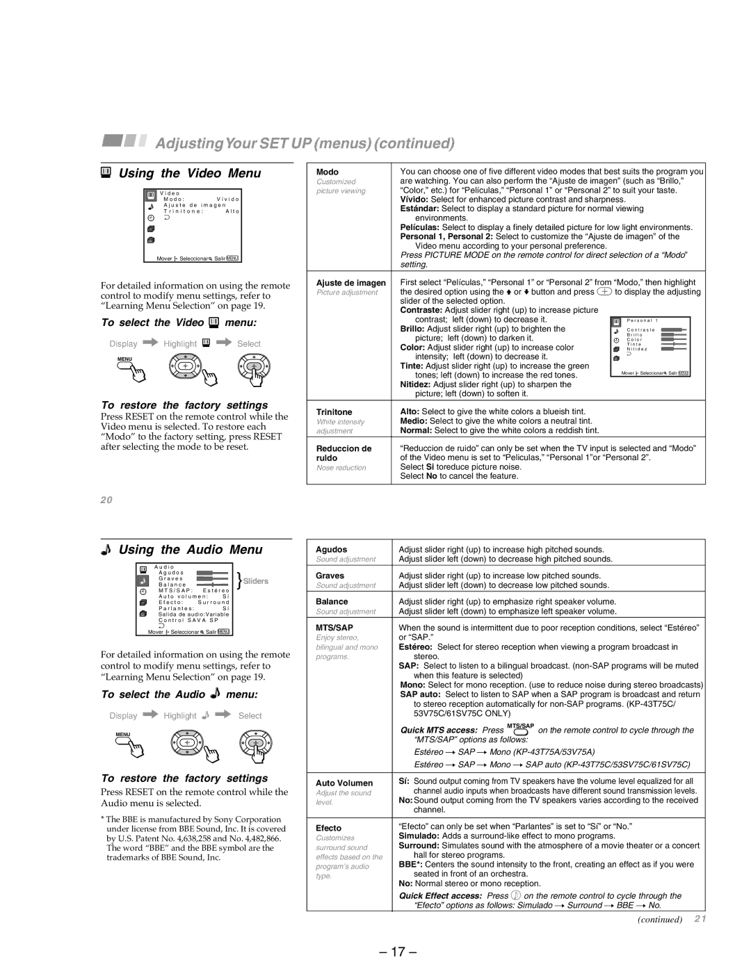 Sony KP-43T75A Using the Video Menu, Using the Audio Menu, To select the Video menu, To restore the factory settings 