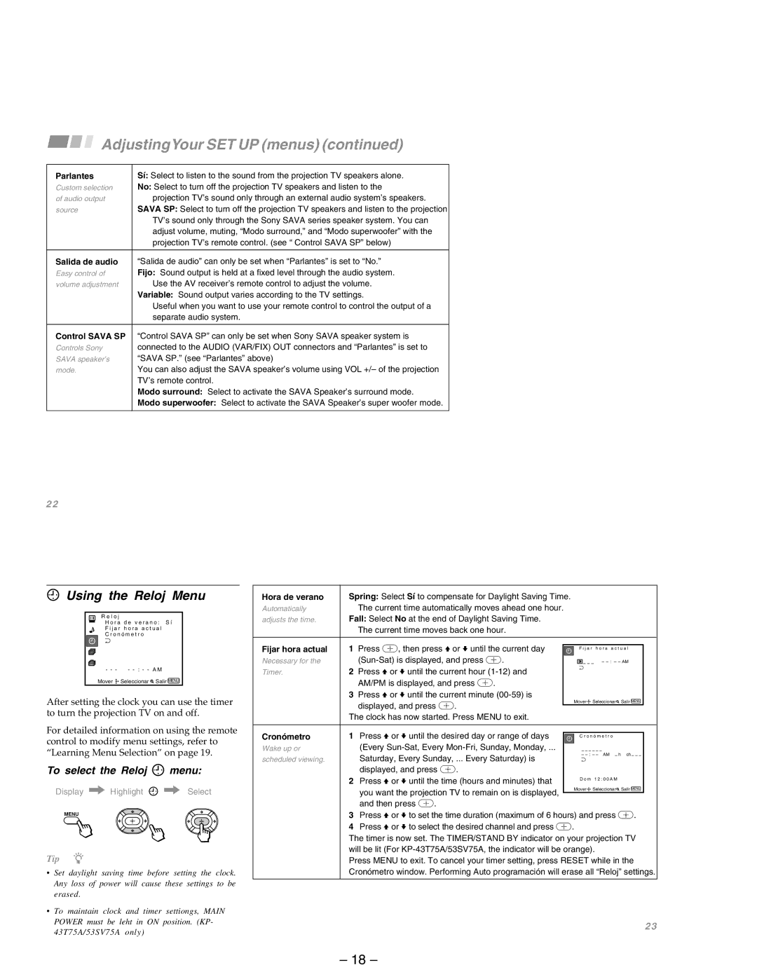 Sony KP-53SV75A, KP-43T75A service manual Using the Reloj Menu, To select the Reloj menu 