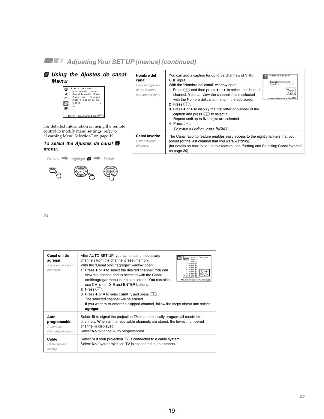 Sony KP-43T75A, KP-53SV75A service manual Ch Using the Ajustes de canal Menu, To select the Ajustes de canal ch menu 