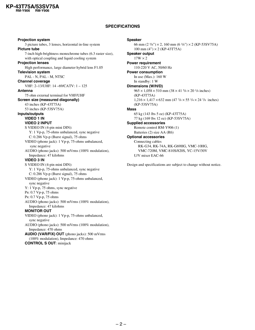 Sony KP-53SV75A service manual KP-43T75A/53SV75A, Specifications 