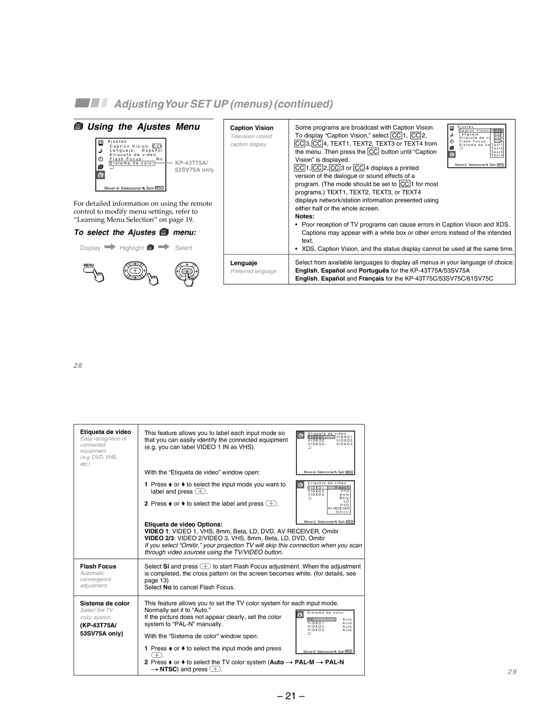 Sony KP-43T75A, KP-53SV75A service manual Using the Ajustes Menu, To select the Ajustes menu 