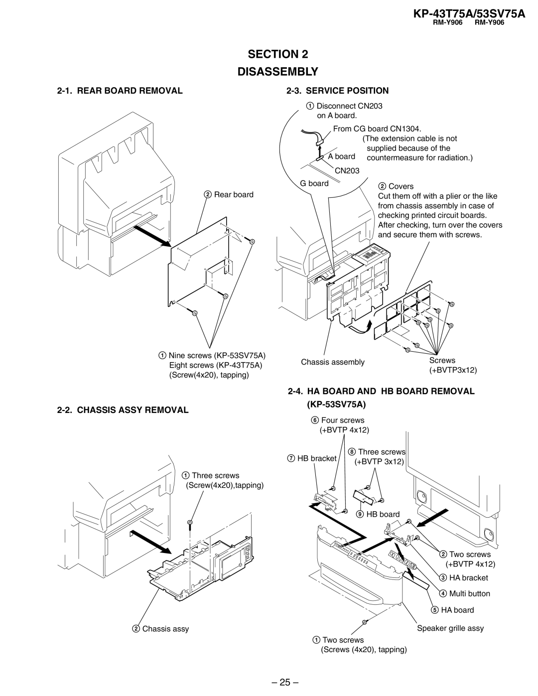 Sony KP-43T75A service manual Section Disassembly, Rear Board Removal Service Position, KP-53SV75A 