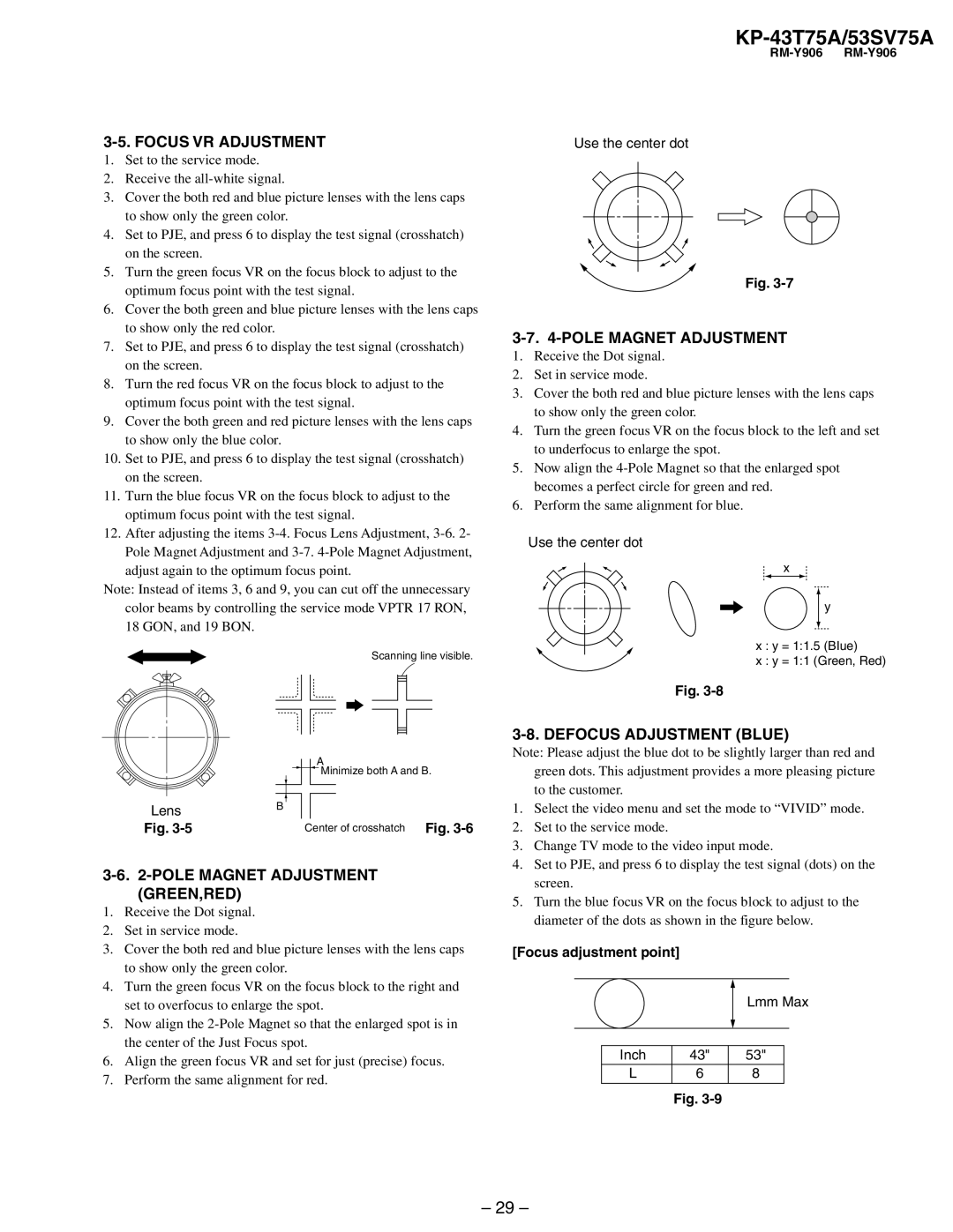 Sony KP-43T75A, KP-53SV75A service manual Focus VR Adjustment, Pole Magnet Adjustment GREEN,RED, Defocus Adjustment Blue 