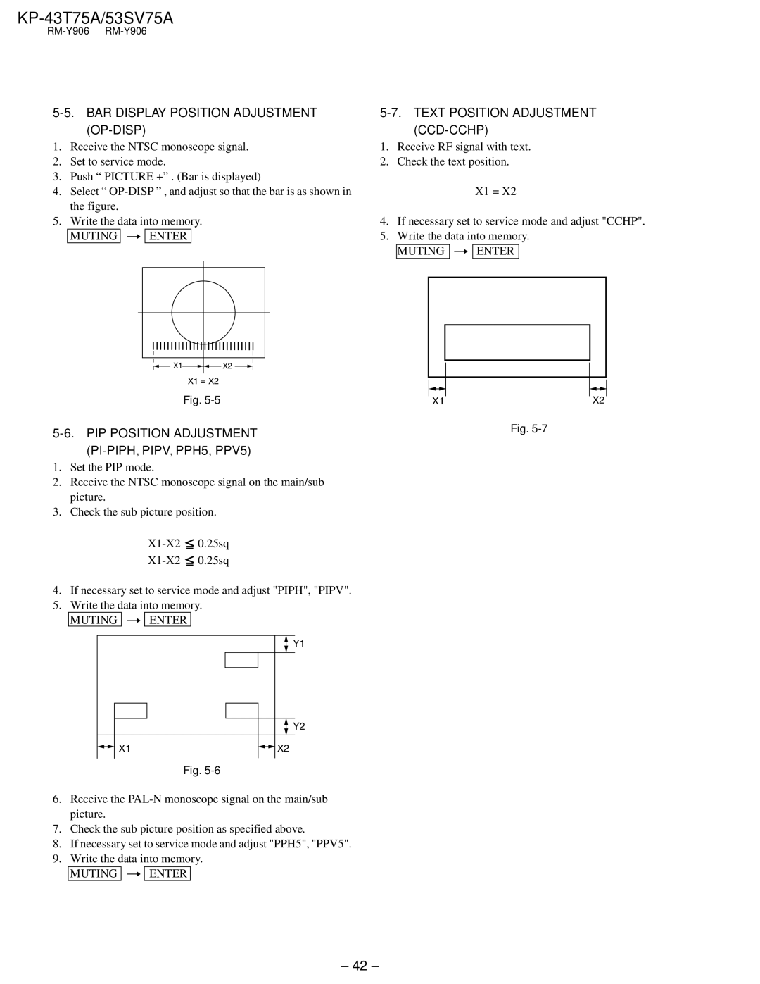 Sony KP-53SV75A, KP-43T75A BAR Display Position Adjustment OP-DISP, PIP Position Adjustment PI-PIPH, PIPV, PPH5, PPV5 