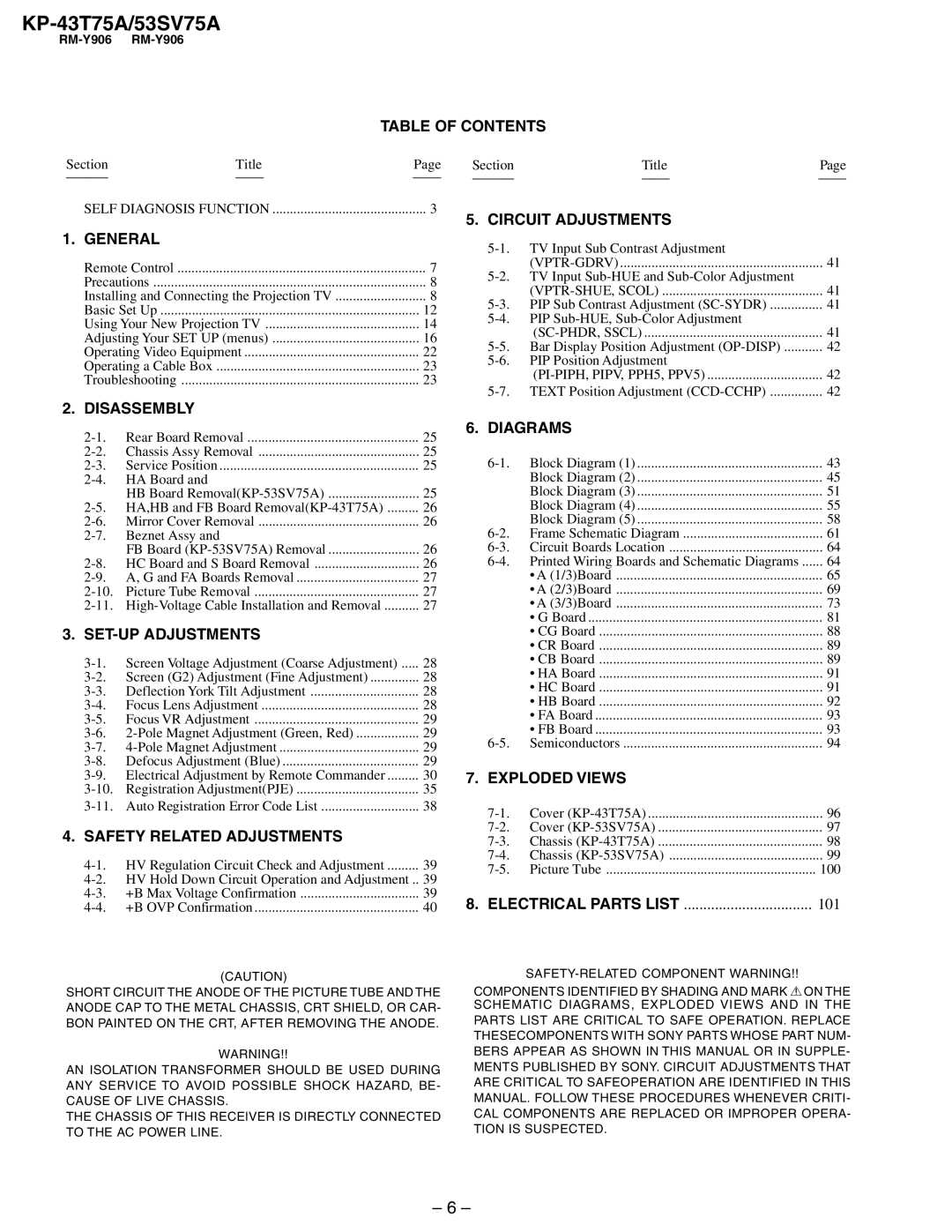 Sony KP-53SV75A Table of Contents, General, Circuit Adjustments, Disassembly, SET-UP Adjustments, Diagrams, Exploded Views 