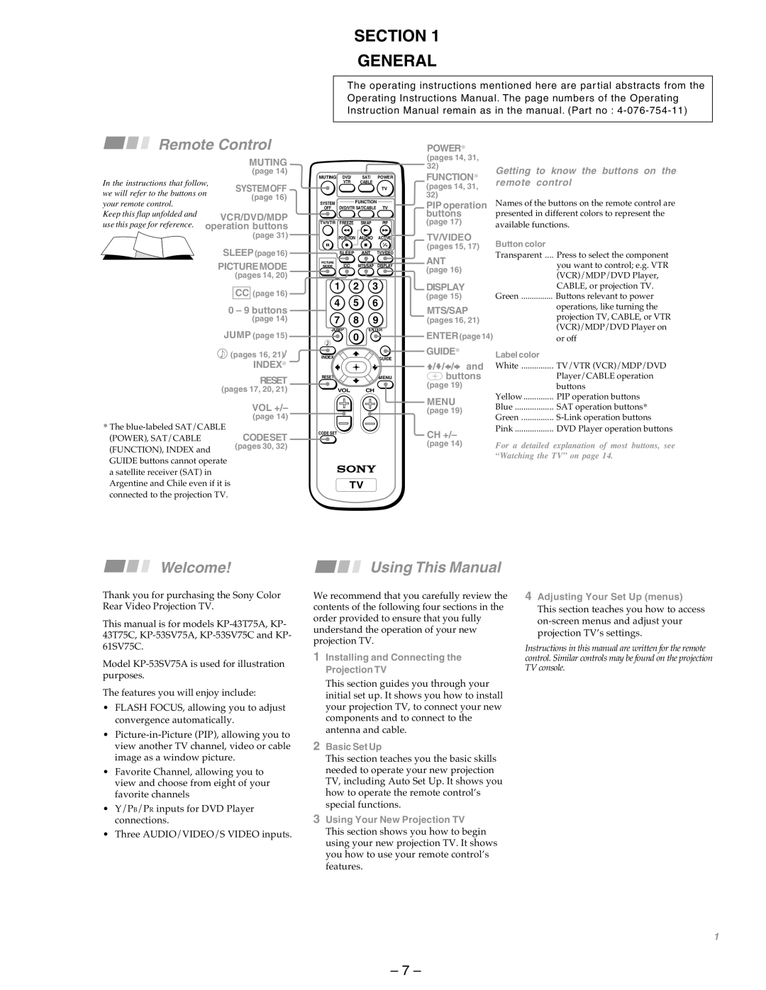 Sony KP-43T75A, KP-53SV75A service manual Section General, Remote Control 