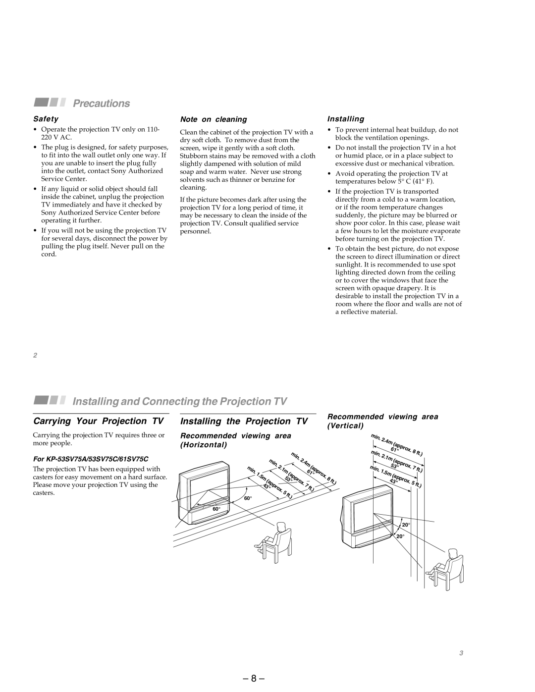 Sony KP-53SV75A, KP-43T75A service manual Carrying Your Projection TV Installing the Projection TV 