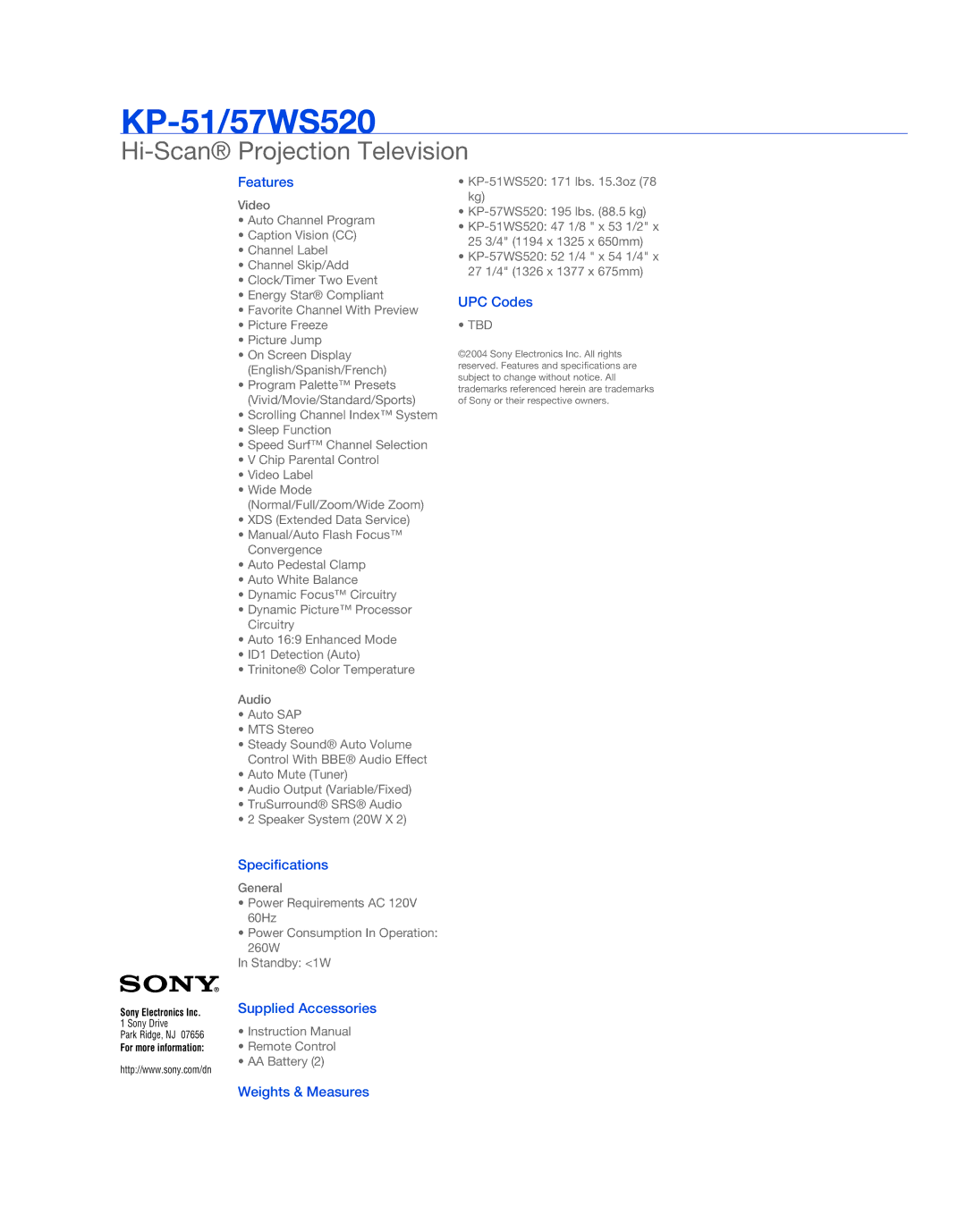 Sony KP 57WS520, KP 51WS520 manual Features, Specifications, Supplied Accessories, UPC Codes, Weights & Measures 