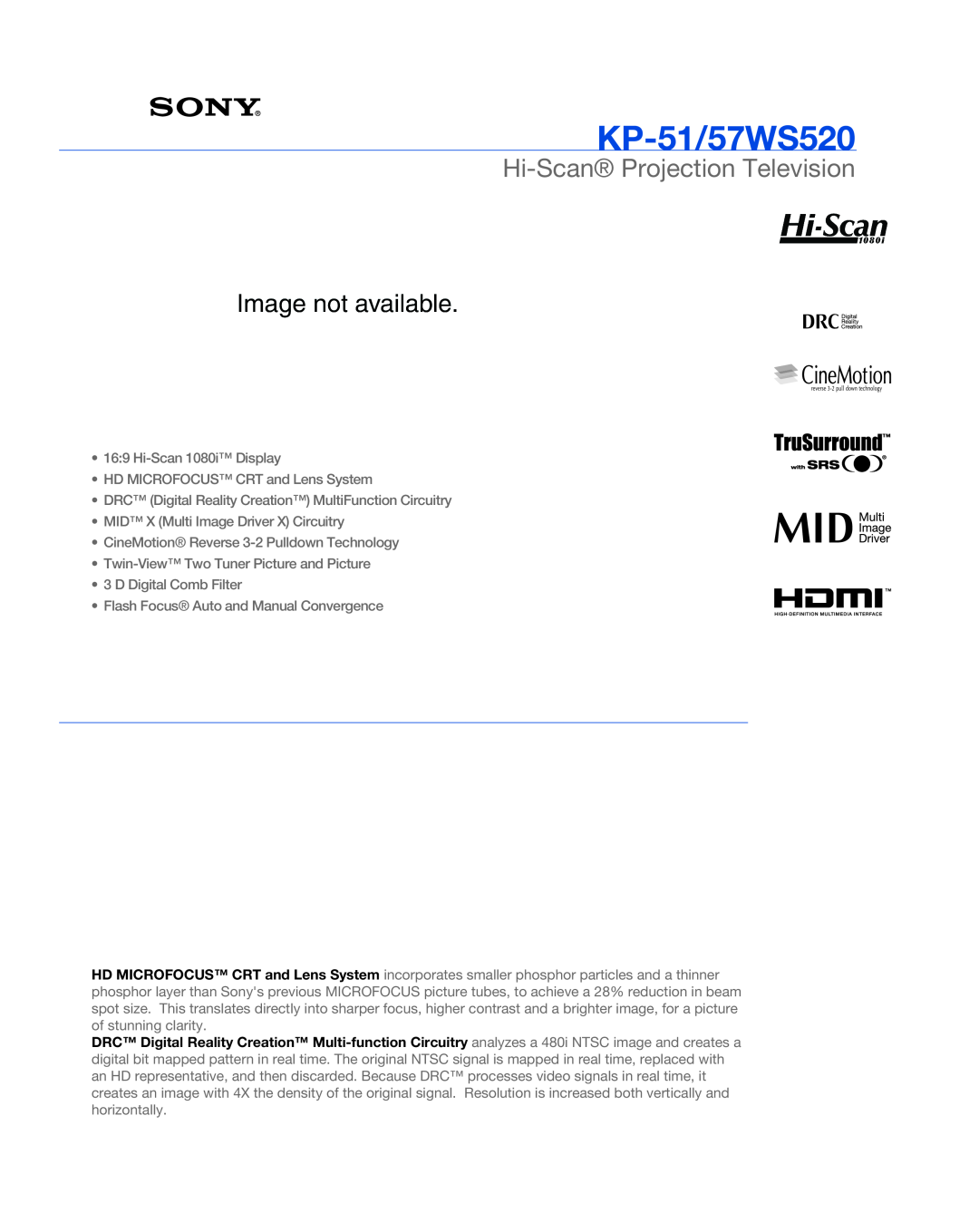 Sony KP 51WS520, KP 57WS520 manual KP-51/57WS520, Hi-Scan Projection Television 