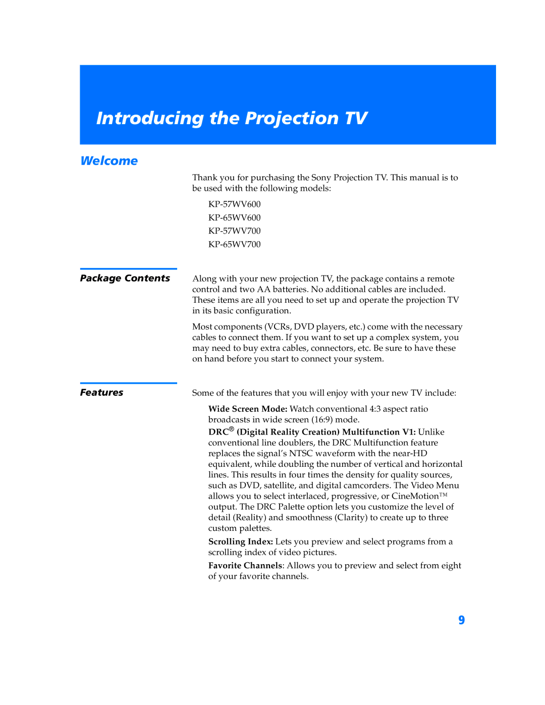 Sony KP-57WV600 operating instructions Welcome, Package Contents, Features 