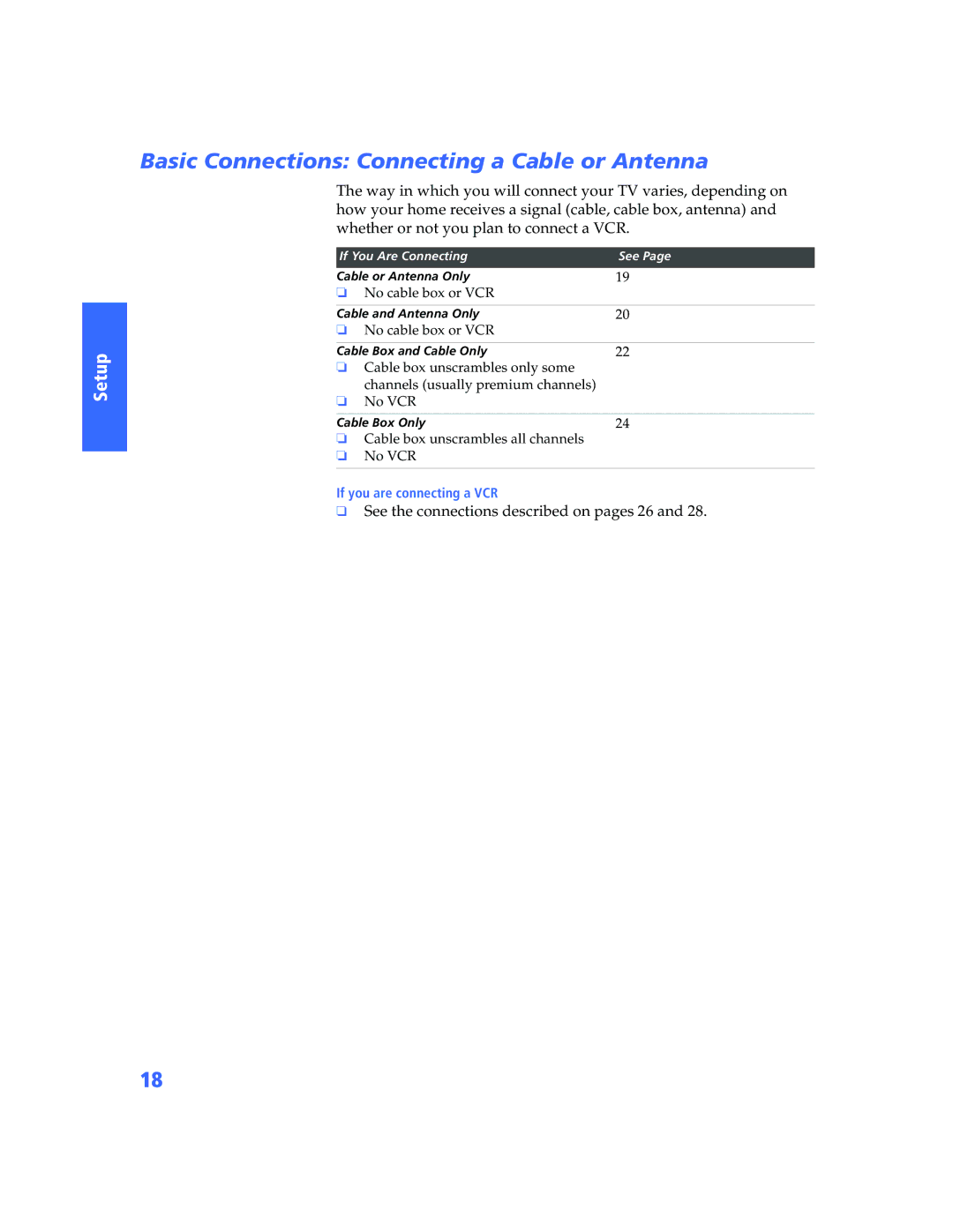 Sony KP-57WV600 Basic Connections Connecting a Cable or Antenna, See the connections described on pages 26 