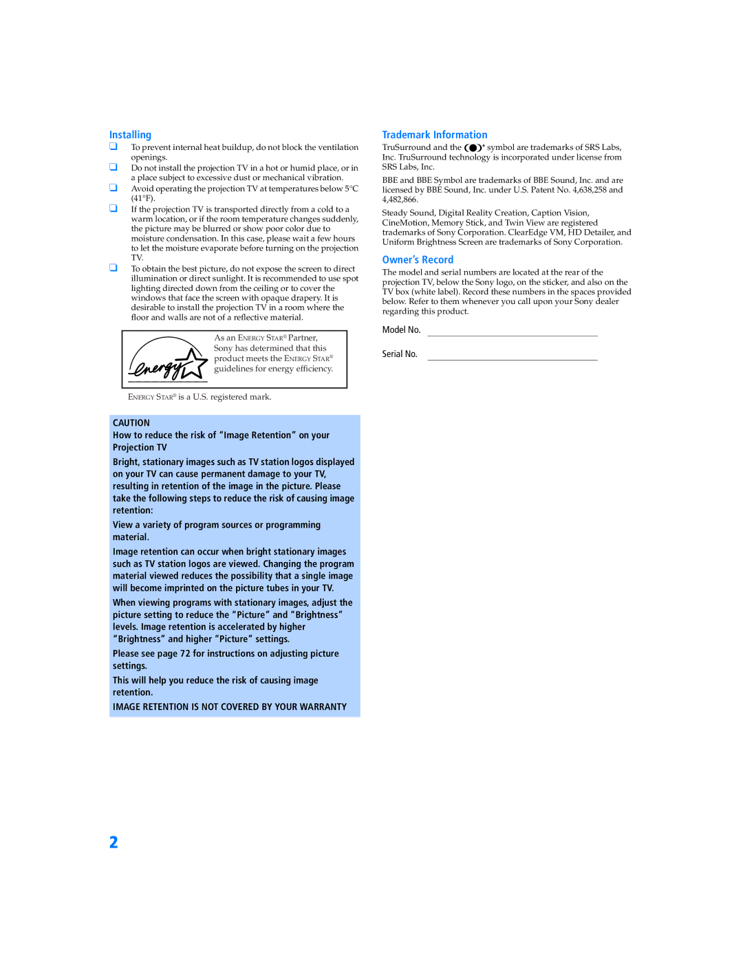 Sony KP-57WV600 operating instructions Installing 