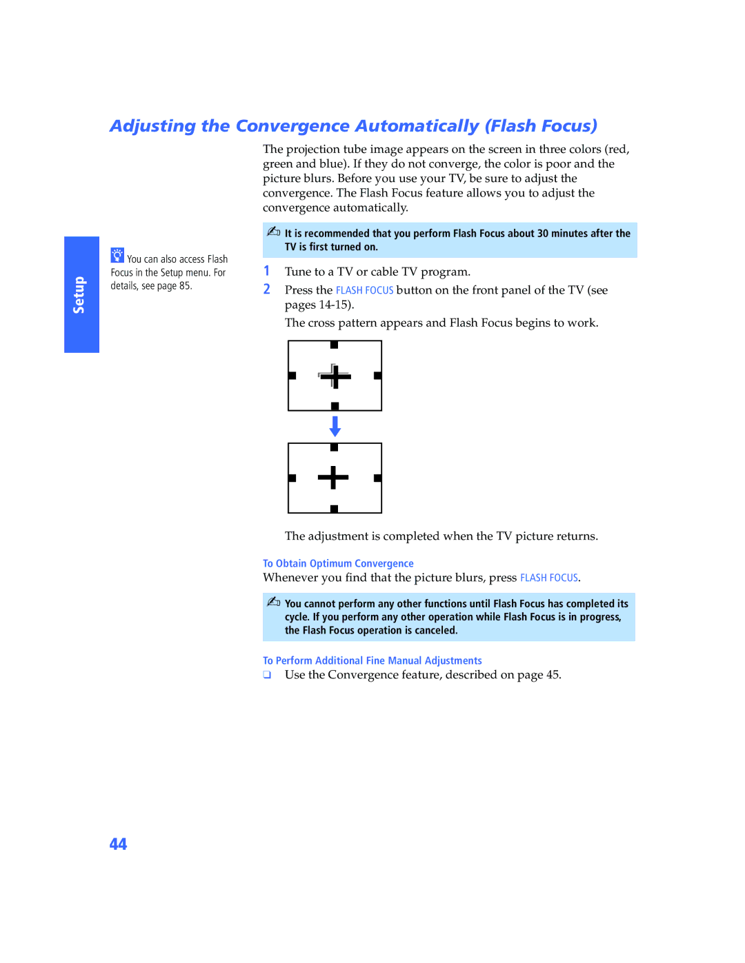 Sony KP-57WV600 Adjusting the Convergence Automatically Flash Focus, Adjustment is completed when the TV picture returns 