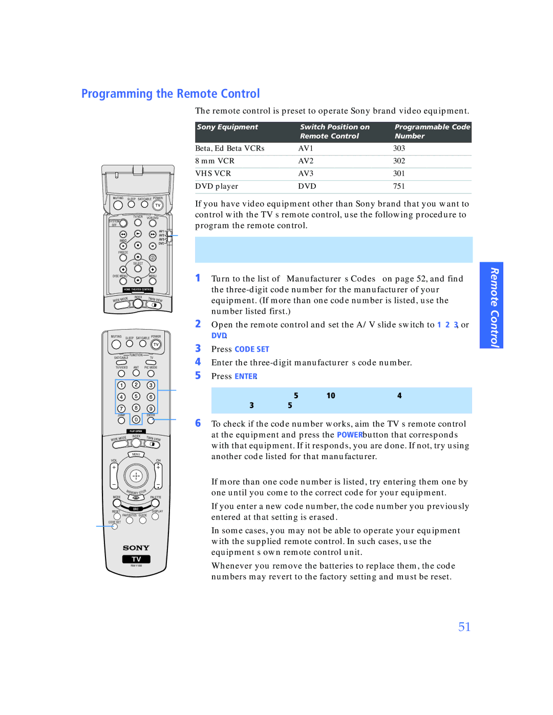 Sony KP-57WV600 operating instructions Programming the Remote Control, Press Code SET 