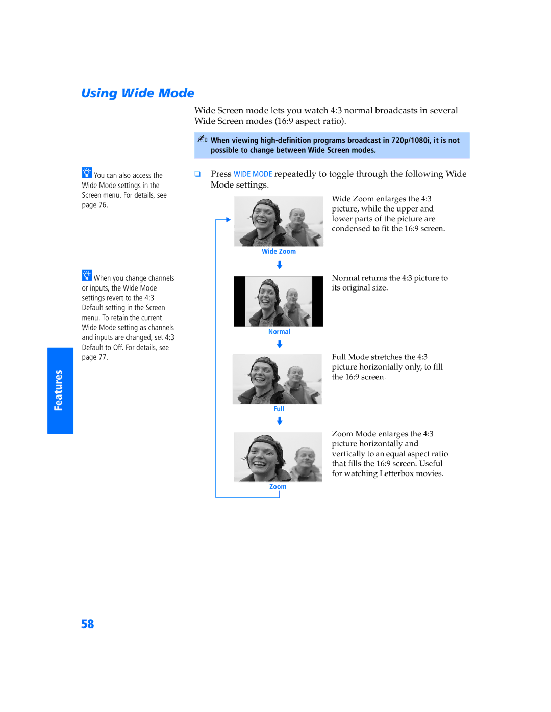 Sony KP-57WV600 operating instructions Using Wide Mode 