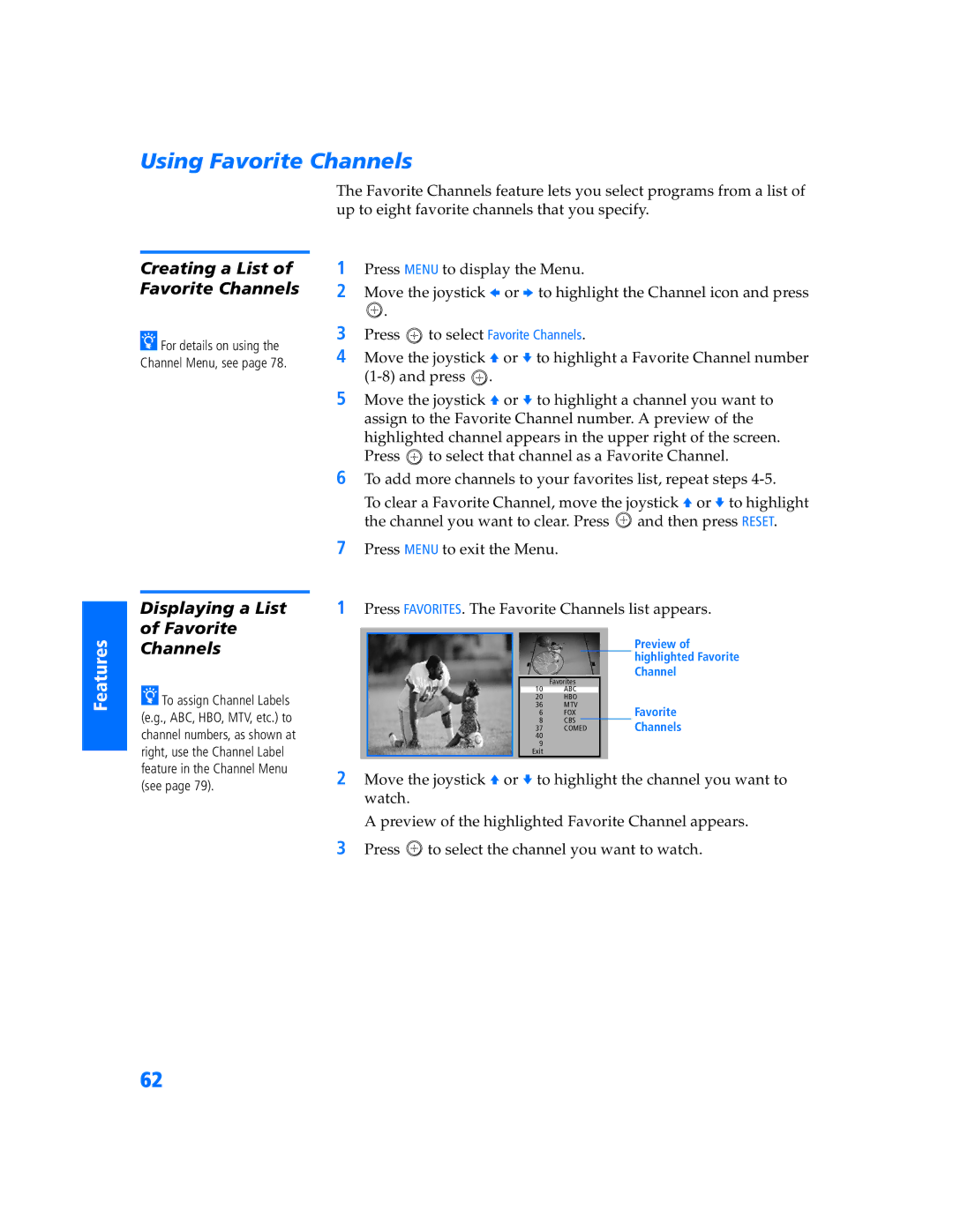 Sony KP-57WV600 Using Favorite Channels, Creating a List Favorite Channels, Displaying a List of Favorite 