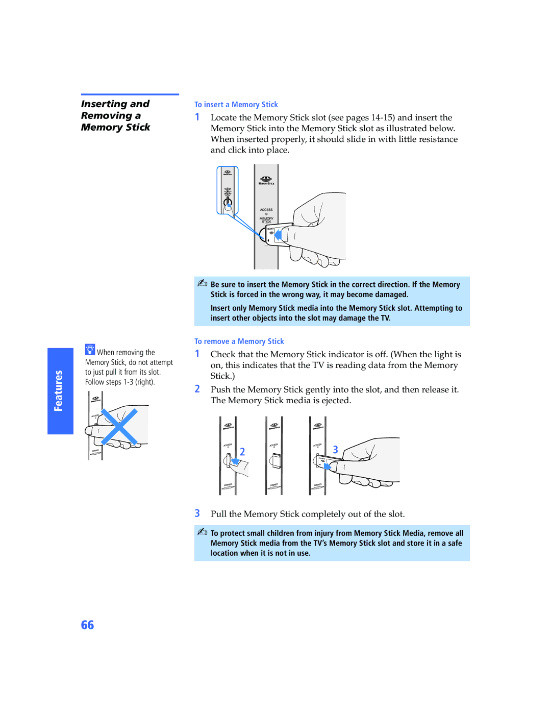 Sony KP-57WV600 operating instructions Inserting Removing a Memory Stick 