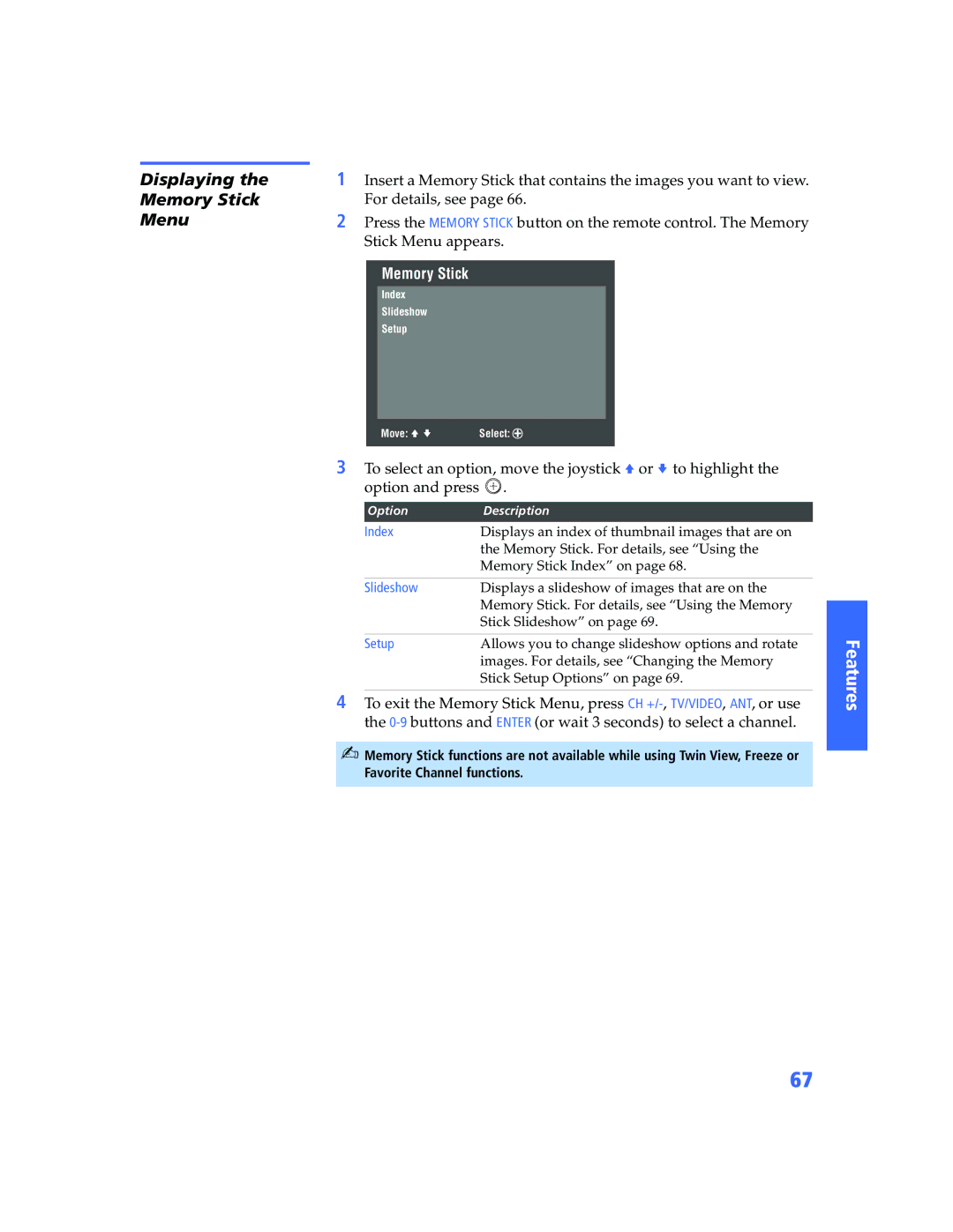 Sony KP-57WV600 operating instructions Displaying Memory Stick Menu, Index, Slideshow, Setup 