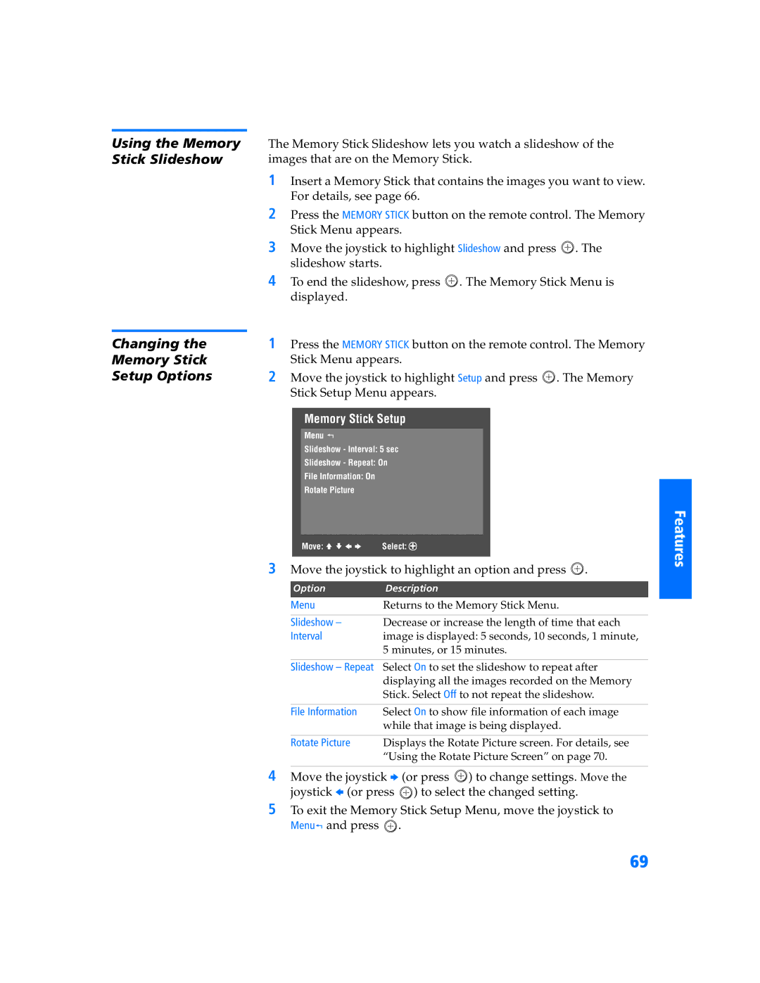 Sony KP-57WV600 operating instructions Using the Memory Stick Slideshow Changing Setup Options 