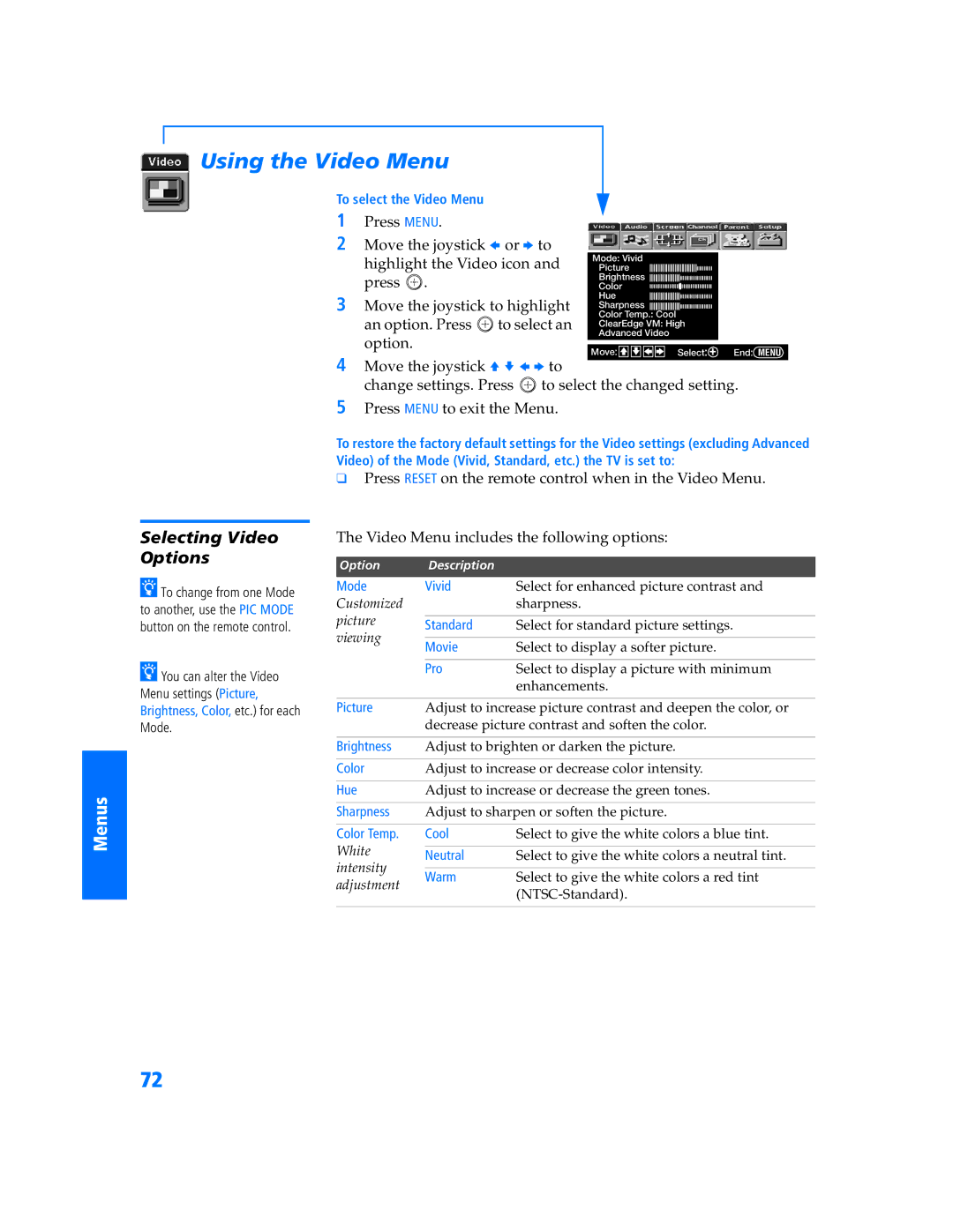 Sony KP-57WV600 Using the Video Menu, Selecting Video Options, Press Menu Move the joystick B or b to 