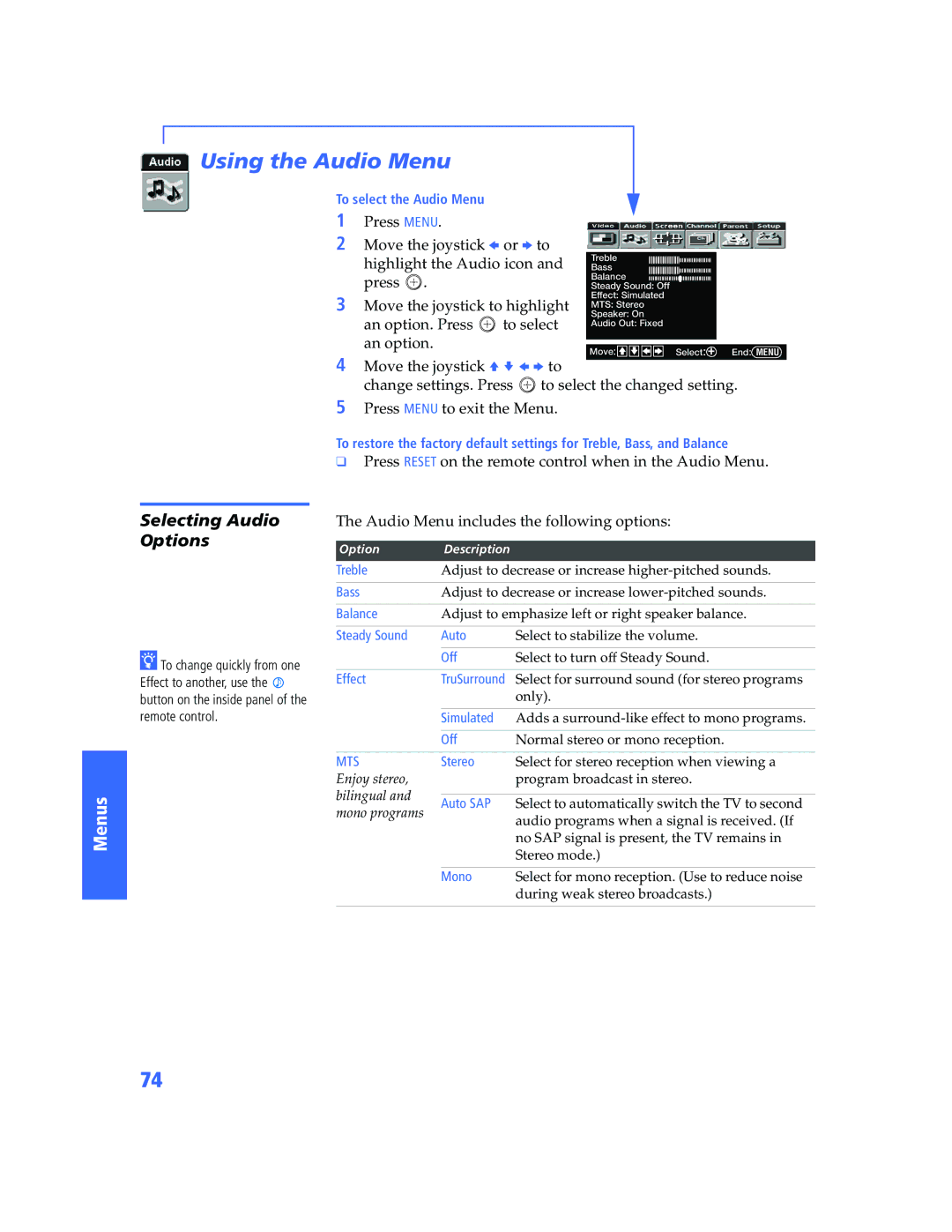 Sony KP-57WV600 operating instructions Using the Audio Menu, Selecting Audio Options 