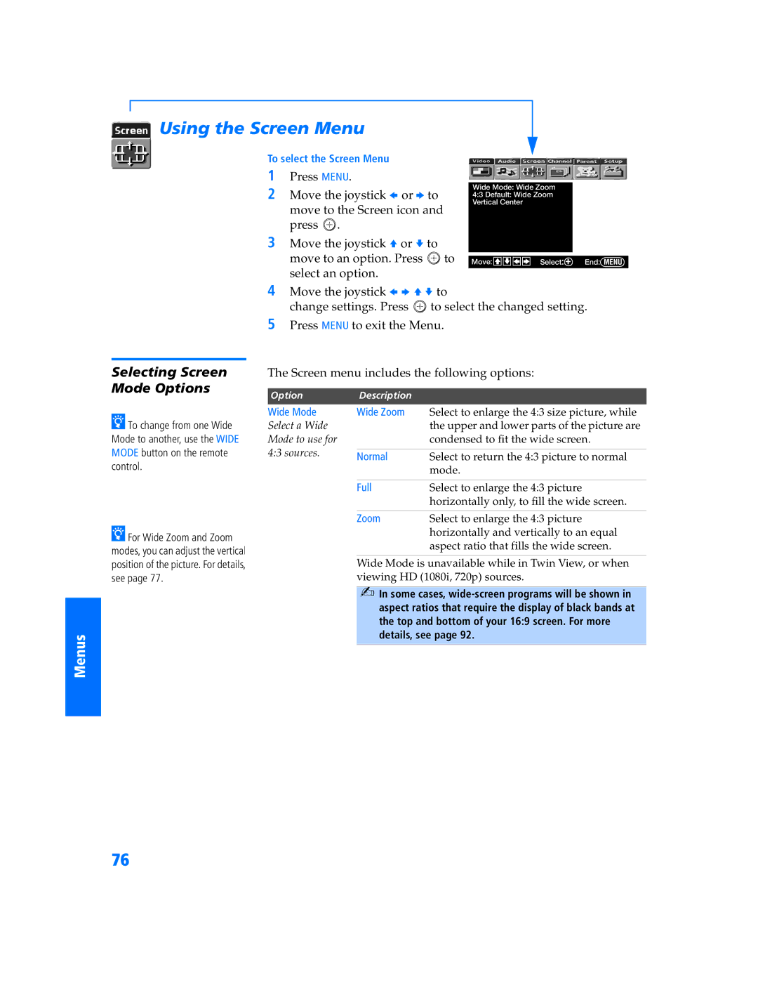 Sony KP-57WV600 operating instructions Using the Screen Menu, Selecting Screen Mode Options 