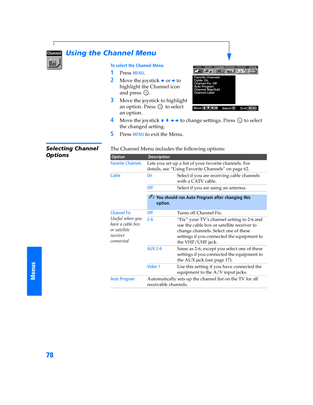 Sony KP-57WV600 operating instructions Using the Channel Menu, Selecting Channel Options 