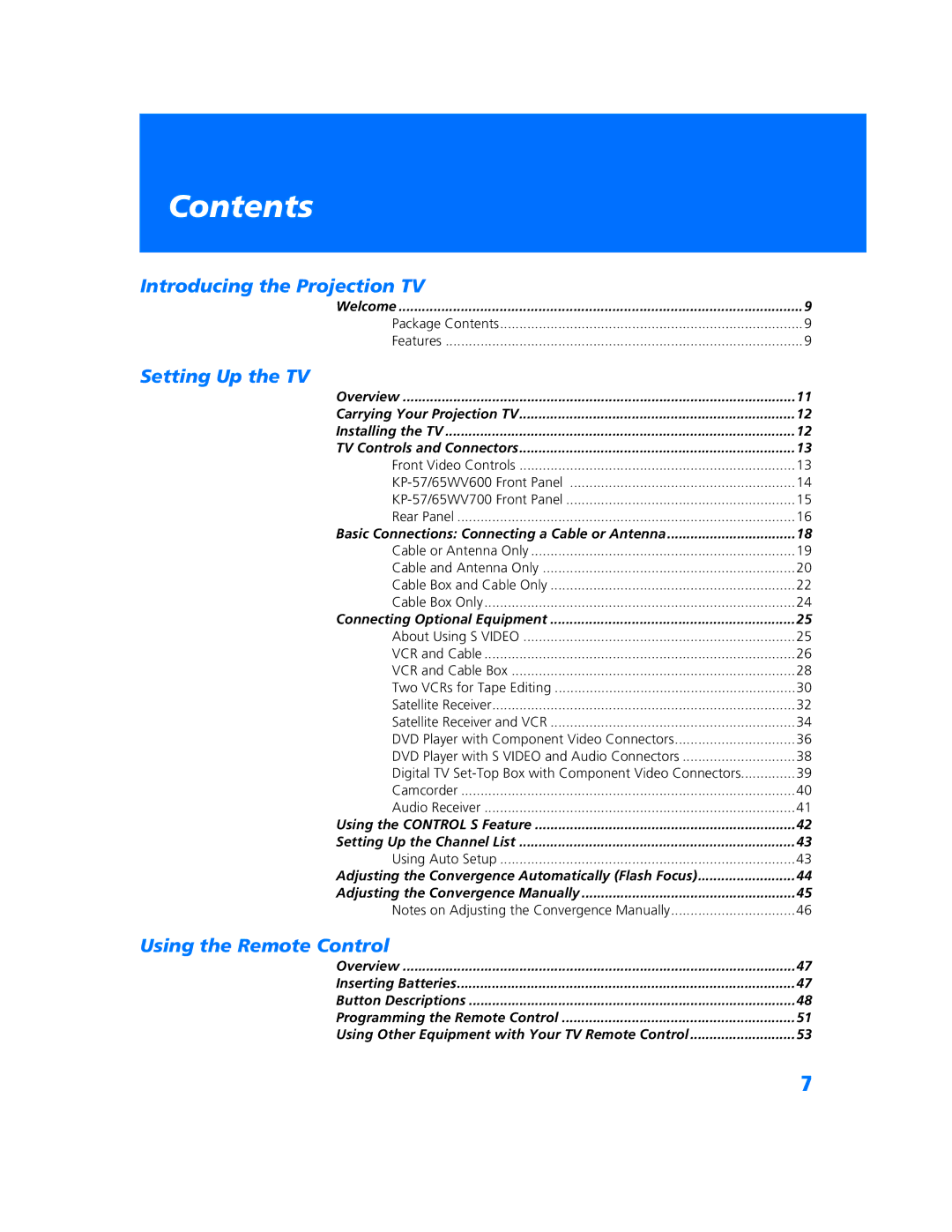 Sony KP-57WV600 operating instructions Contents 