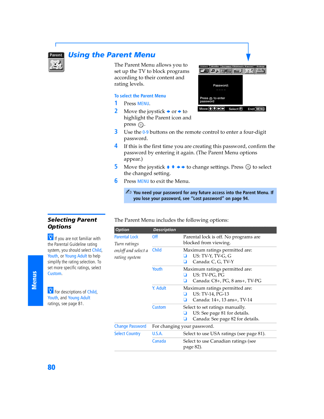 Sony KP-57WV600 Using the Parent Menu, Selecting Parent Options, Parent Menu includes the following options 