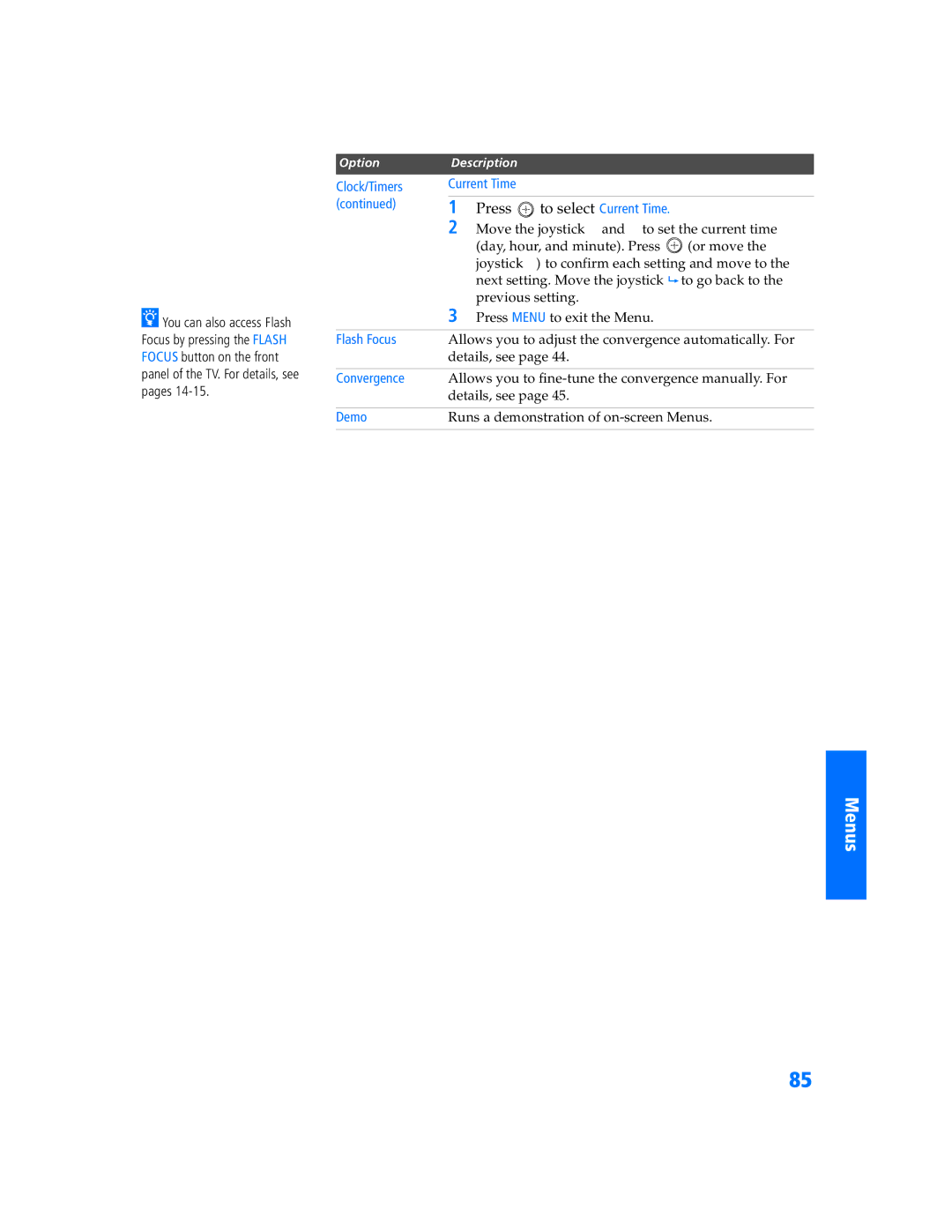 Sony KP-57WV600 operating instructions Press to select Current Time, Flash Focus, Convergence, Demo 