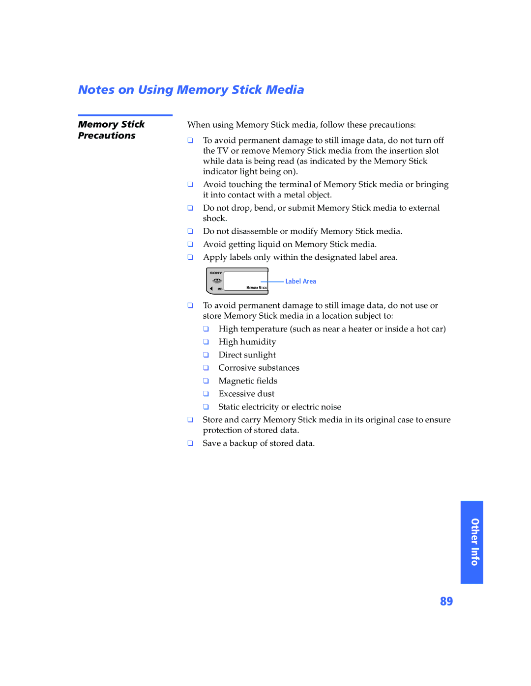 Sony KP-57WV600 operating instructions Memory Stick Precautions 