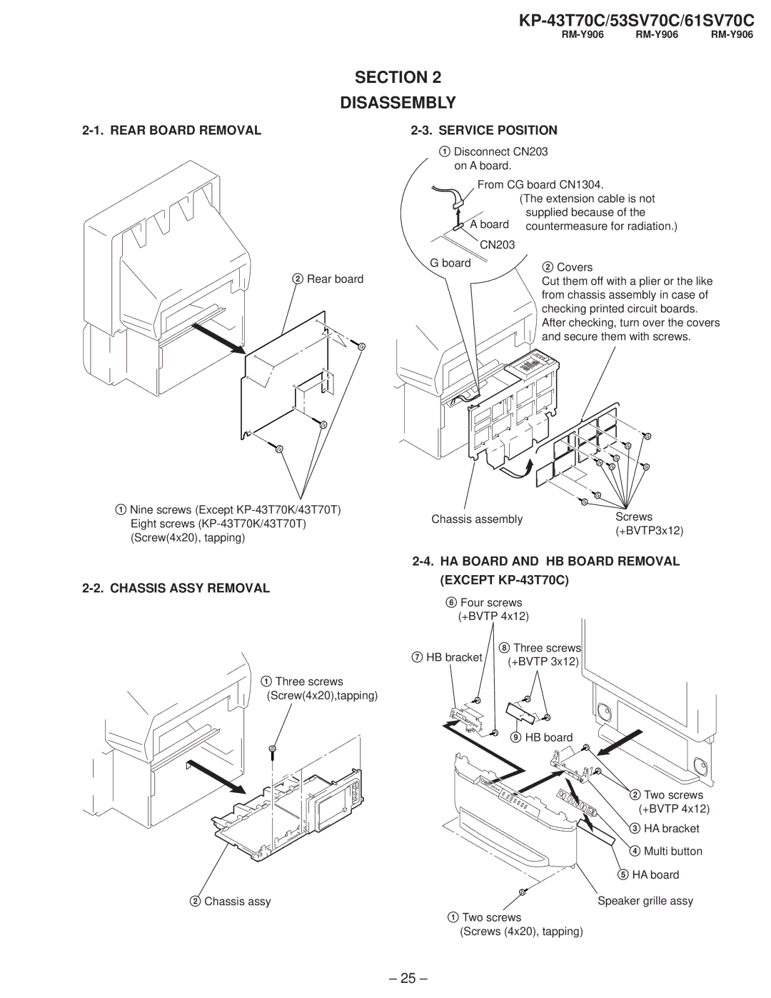 Sony KP-53SV70C, KP-61SV70C, KP-43T70C service manual Section Disassembly, Rear Board Removal Service Position 