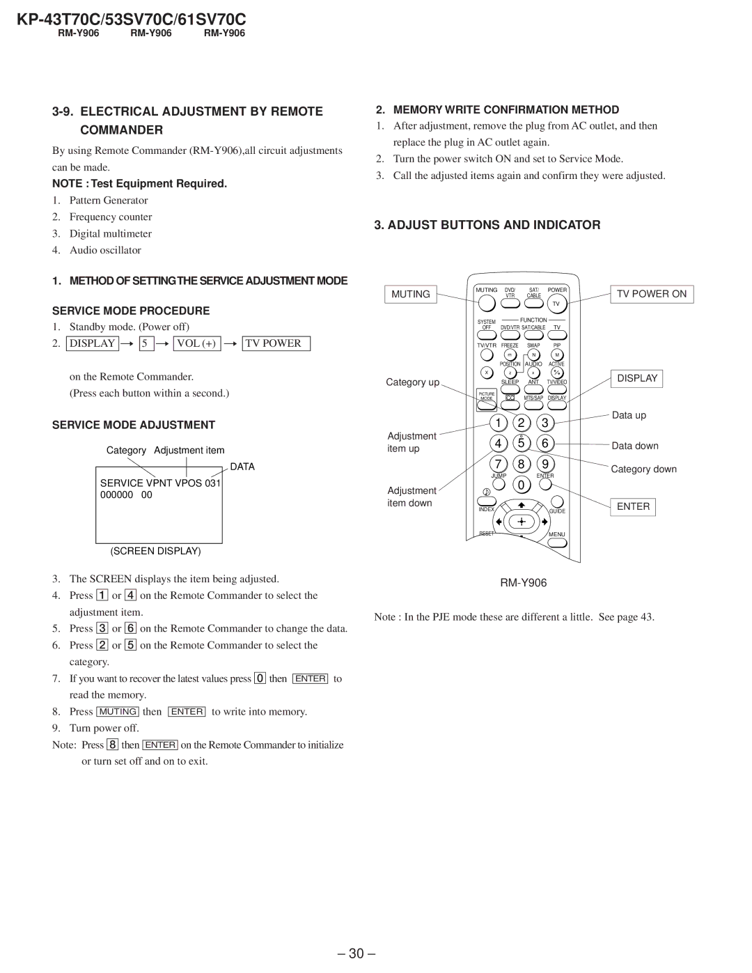 Sony KP-61SV70C Electrical Adjustment by Remote Commander, Adjust Buttons and Indicator, Memory Write Confirmation Method 