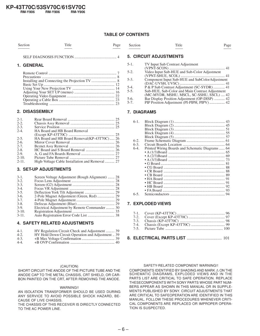 Sony KP-61SV70C Table of Contents, General, Circuit Adjustments, Disassembly, SET-UP Adjustments, Diagrams, Exploded Views 