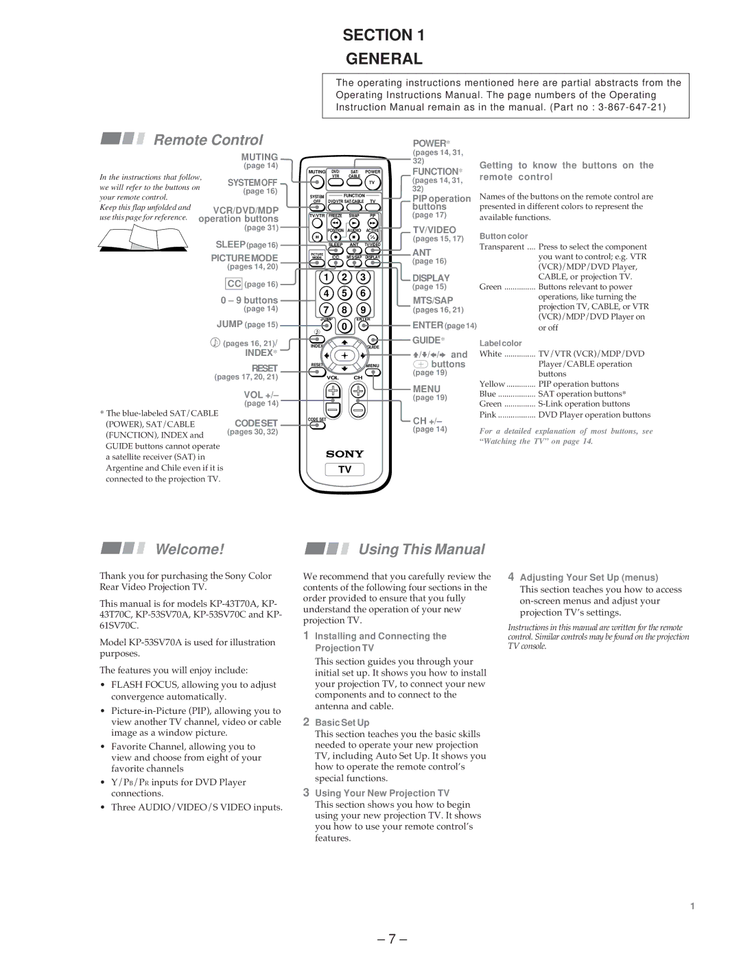 Sony KP-53SV70C, KP-61SV70C, KP-43T70C service manual Section General, Function 