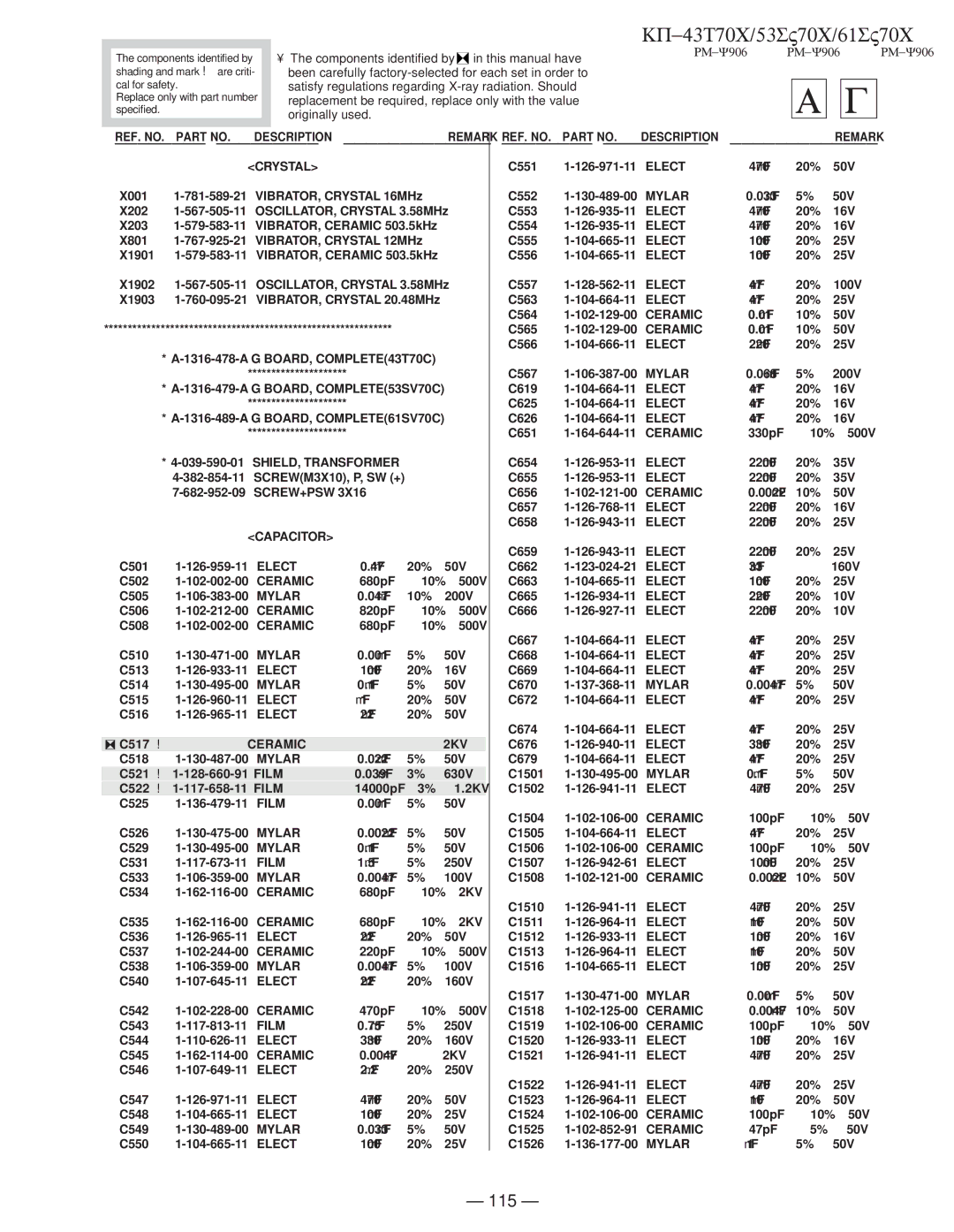 Sony KP-61SV70C, KP-53SV70C, KP-43T70C service manual Crystal, SHIELD, Transformer, Screw+Psw, Ceramic 2KV, Film 