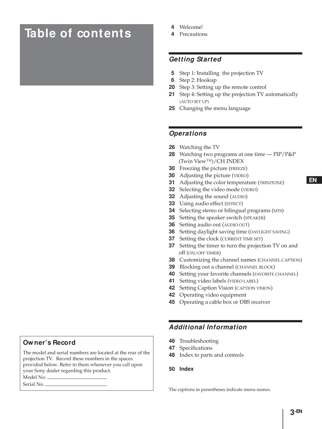 Sony KP-48V75, KP-53V75, KP-53V75C, KP-61V75, KP 61V75 operating instructions Table of contents 