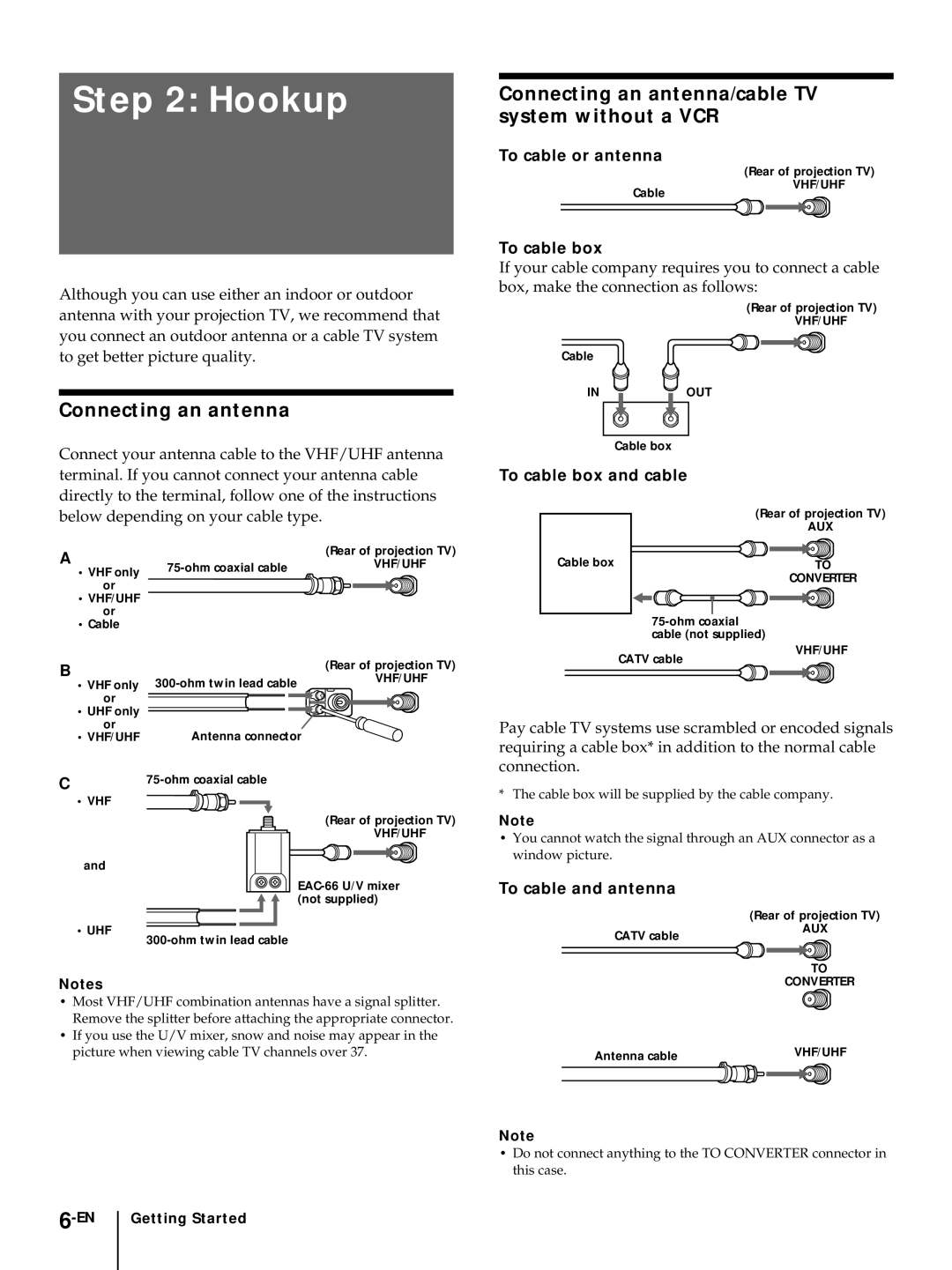 Sony KP 61V75, KP-48V75, KP-53V75, KP-53V75C, KP-61V75 Hookup, Connecting an antenna/cable TV system without a VCR 