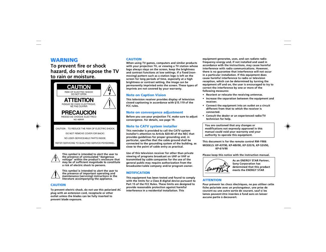 Sony KP-53S76, KP 61V90, KP-48V90, KP 53V90, KP 43T90 operating instructions Precaucion 