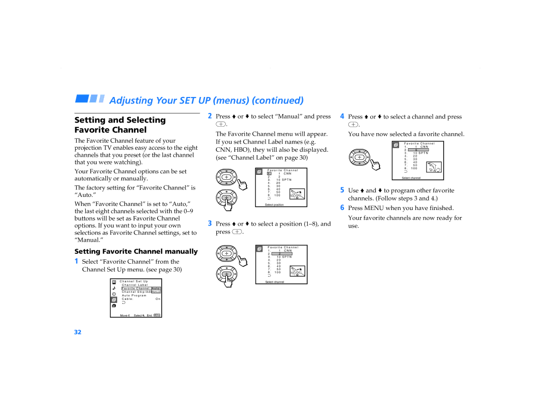 Sony KP-48V90, KP 61V90, KP-53S76, KP 53V90, KP 43T90 Setting and Selecting, Setting Favorite Channel manually 