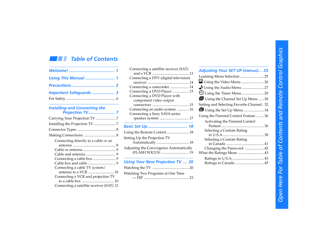 Sony KP 43T90, KP 61V90, KP-48V90, KP-53S76, KP 53V90 operating instructions Table of Contents 