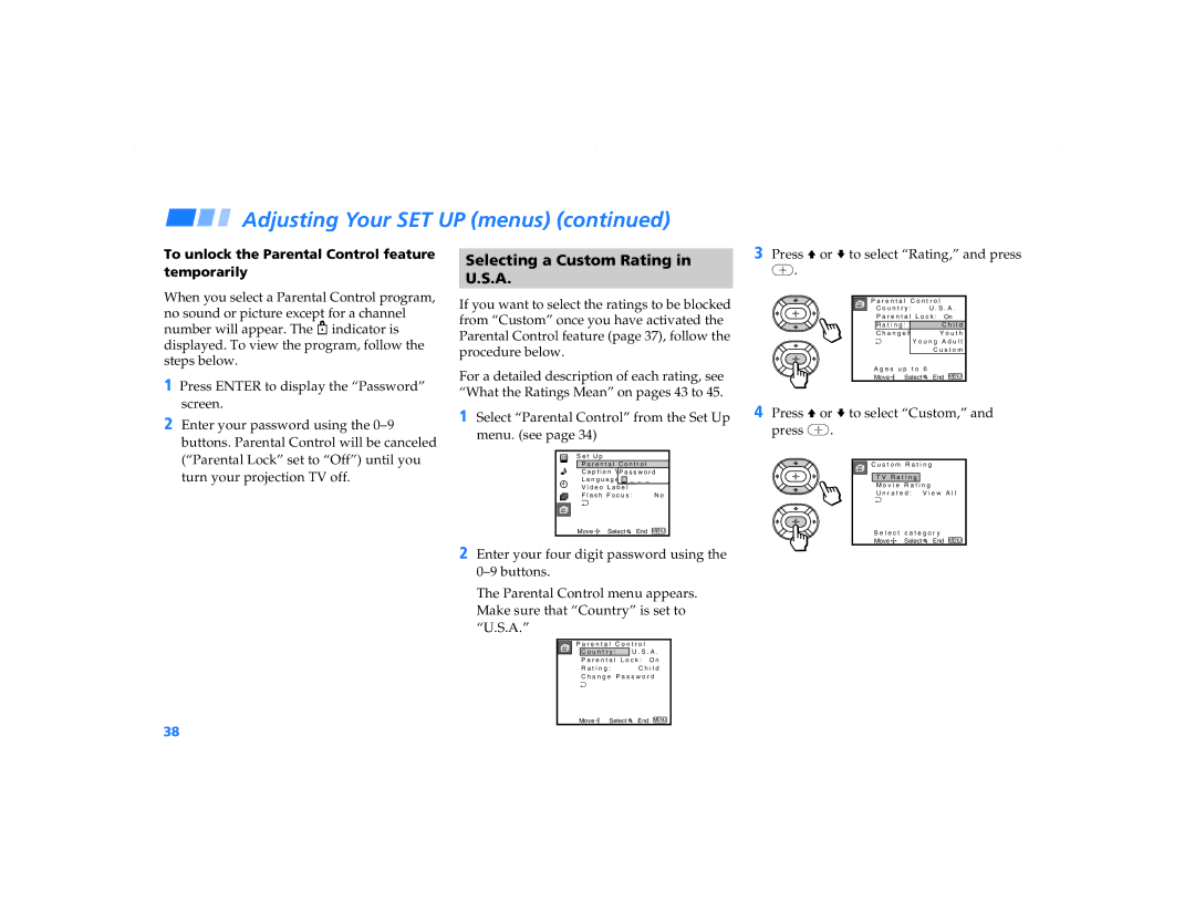 Sony KP-53S76 Selecting a Custom Rating, To unlock the Parental Control feature temporarily, Press V or v to select Custom 