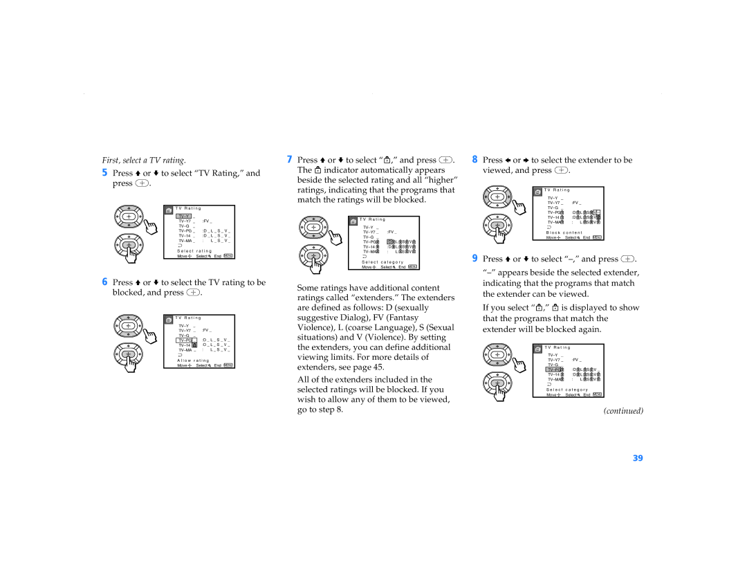 Sony KP 53V90, KP 61V90, KP-48V90, KP-53S76, KP 43T90 operating instructions First, select a TV rating 