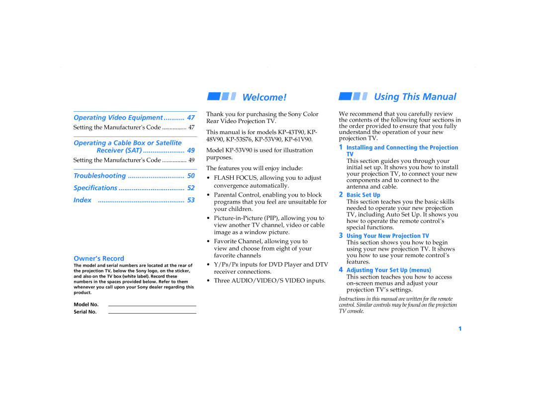 Sony KP 61V90, KP-48V90, KP-53S76, KP 53V90, KP 43T90 operating instructions Welcome, Using This Manual 
